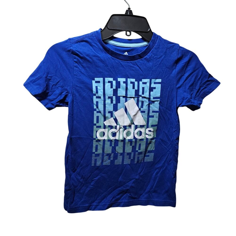 Adidas Boys Royal Blue Repeated Logo Graphic Tee Shirt Size Small ~ Unisex